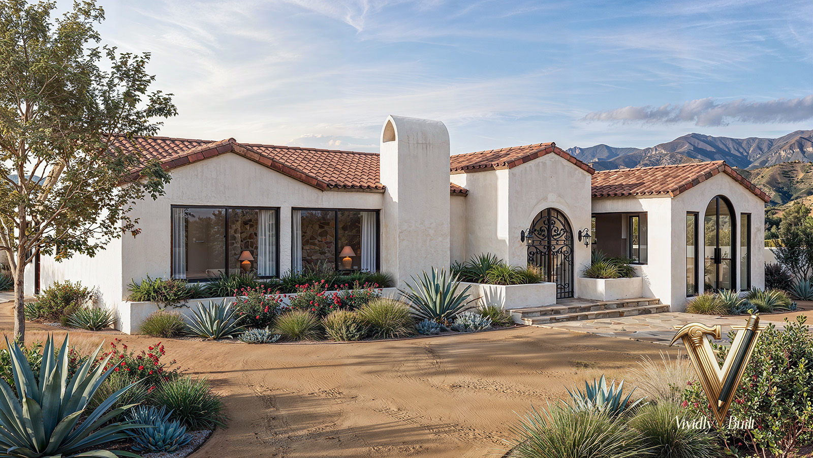 Mediterranean estate front exterior — smooth-coat stucco, barrel-tile roof, wrought-iron arched entry, and drought-tolerant landscape against a mountain backdrop, Pasadena