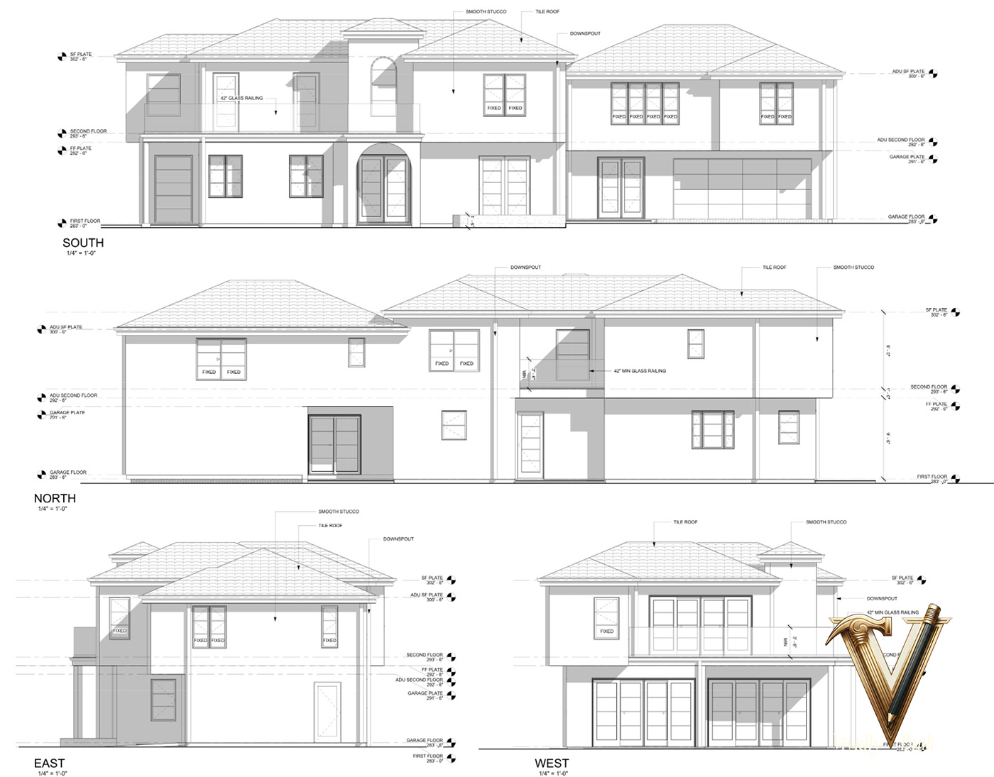 Working architectural elevations — north, south, east and west — smooth stucco, tile roof and a permitted ADU — Pacific Palisades fire rebuild