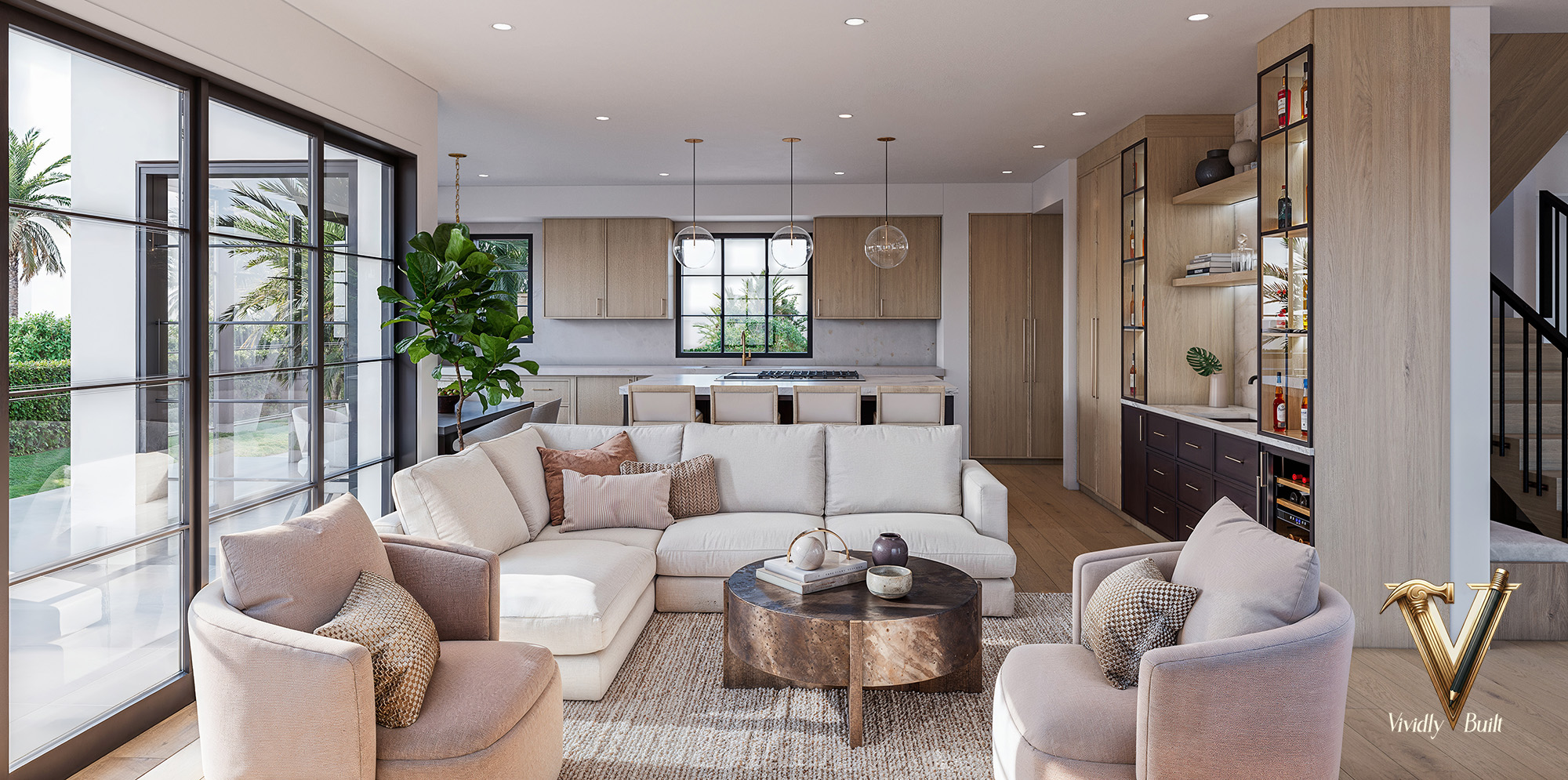 Warm contemporary great room opening to a chef's kitchen and glass-front bar with floor-to-ceiling steel-framed glass — Pacific Palisades fire rebuild by Vividly Built