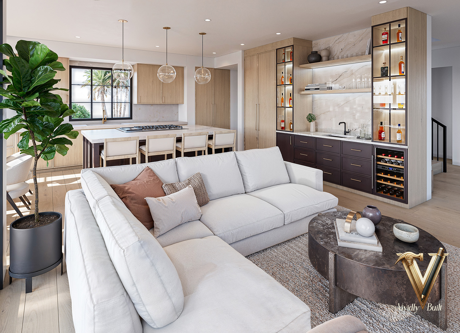 Living room with a lit glass-front bar, marble backsplash and wine storage open to the kitchen and dining — Pacific Palisades fire rebuild