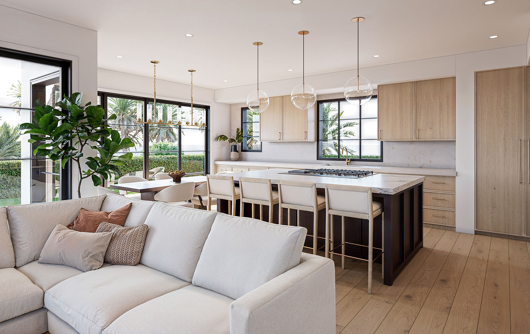 Finished great room and chef's kitchen — the completed contemporary coastal design rendering — Pacific Palisades fire rebuild by Vividly Built