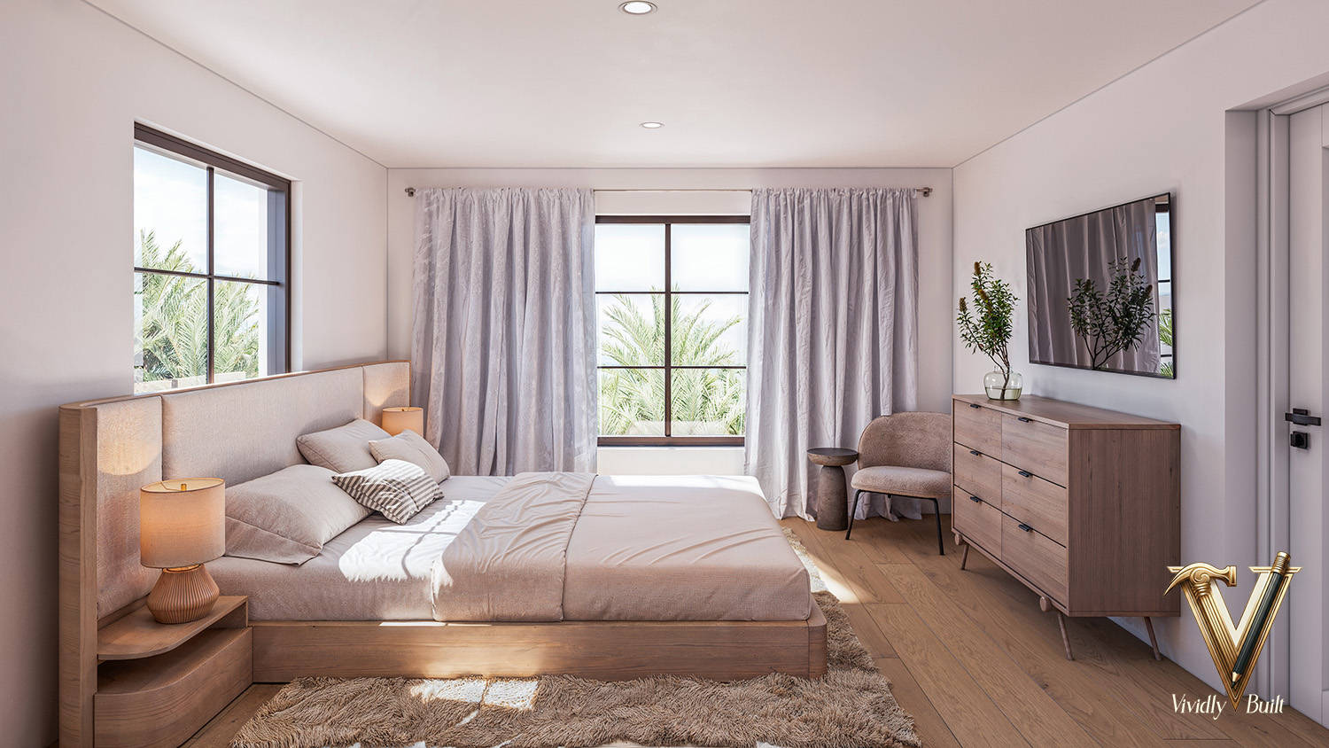 Guest bedroom with an oak platform bed, warm textiles and steel-framed windows to the garden — Pacific Palisades fire rebuild