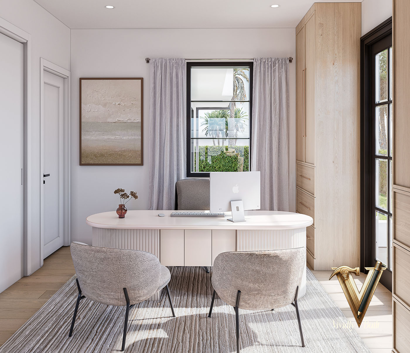 Home office with a fluted oval desk, built-in oak cabinetry and steel-framed glass to the garden — Pacific Palisades fire rebuild
