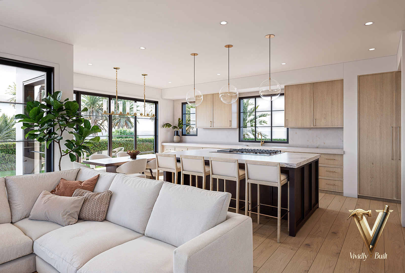 Chef's kitchen with a dark island and marble waterfall top, rift-oak cabinetry, brass fixtures and glass globe pendants — Pacific Palisades fire rebuild