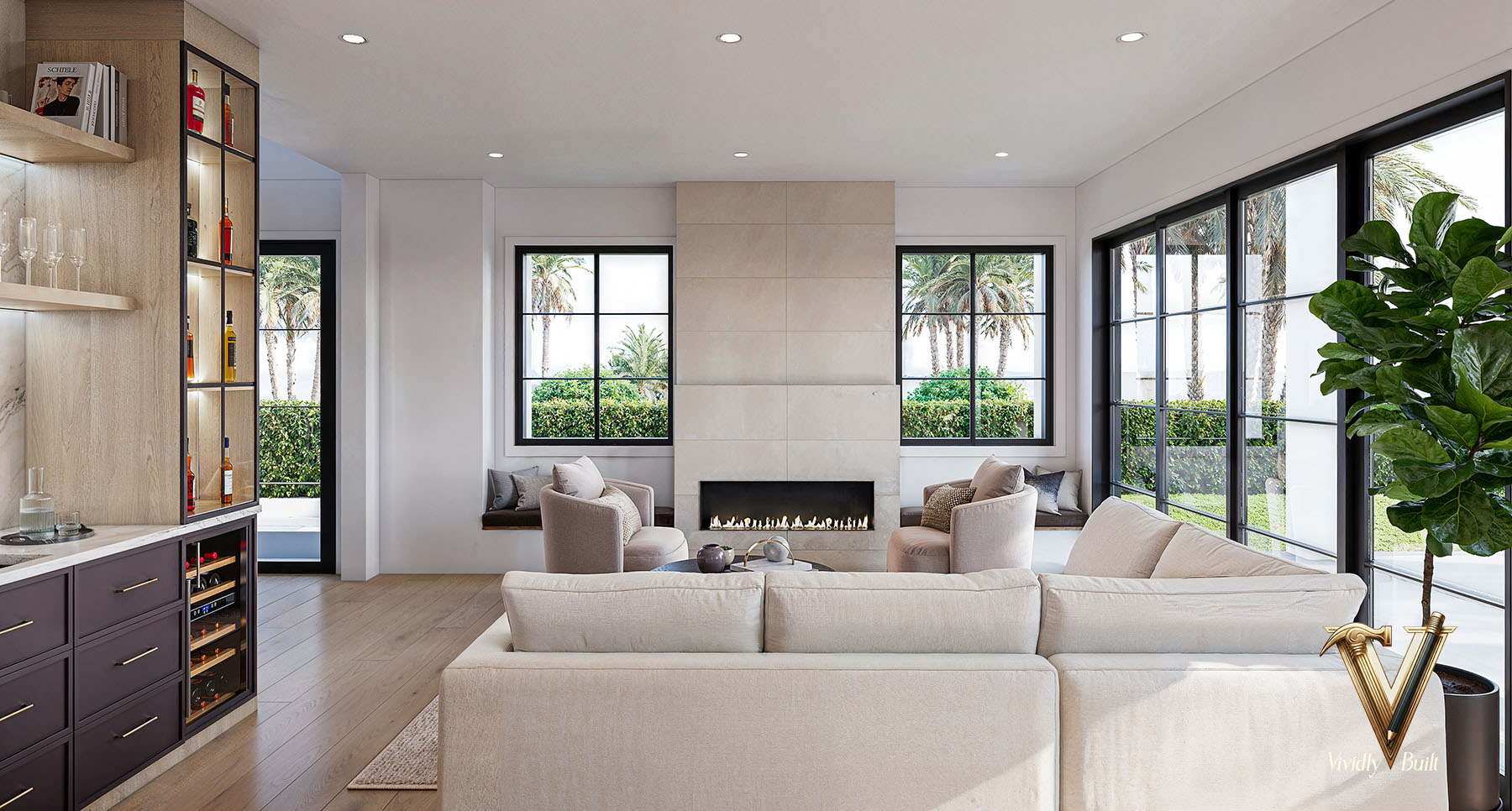 Living room with a stone-clad linear fireplace, window seats and steel-framed glass framing palms and garden — Pacific Palisades fire rebuild