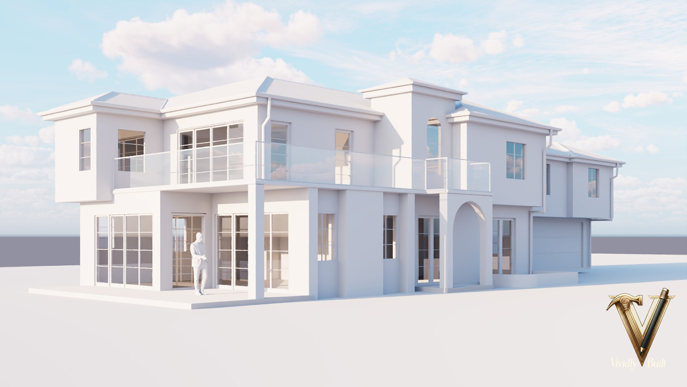 White massing model of the full two-story rebuild — the architecture and volumes resolved in 3D before construction — Pacific Palisades fire rebuild