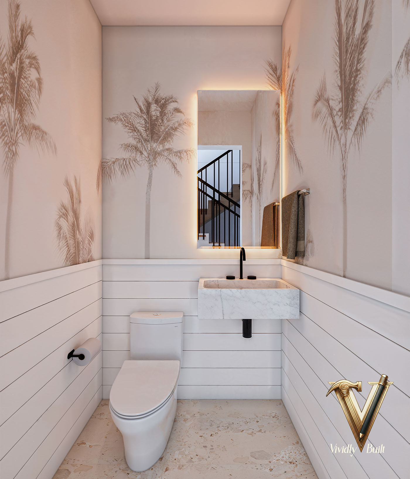 Powder room with a palm-frond mural, shiplap wainscot, backlit mirror and marble wall-hung basin — Pacific Palisades fire rebuild