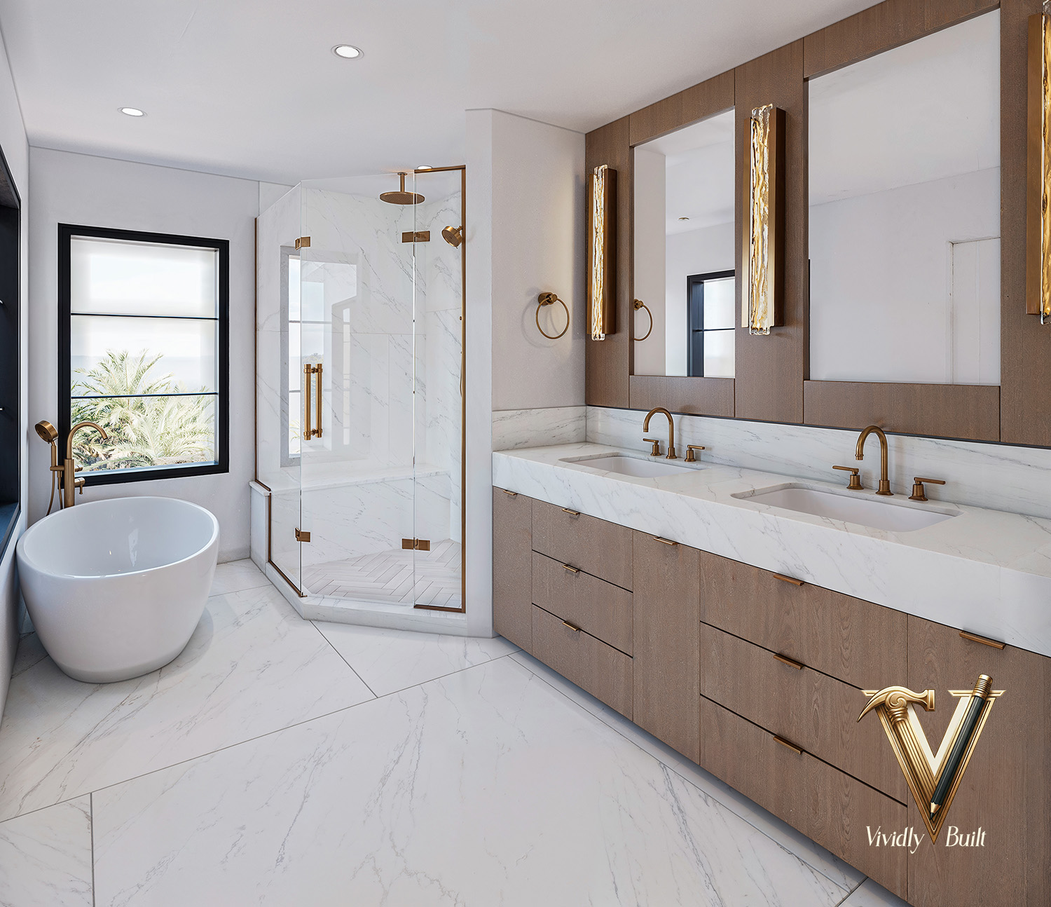Primary bath in marble with a freestanding tub at the window, double vanity with brass fixtures and a glass shower — Pacific Palisades fire rebuild