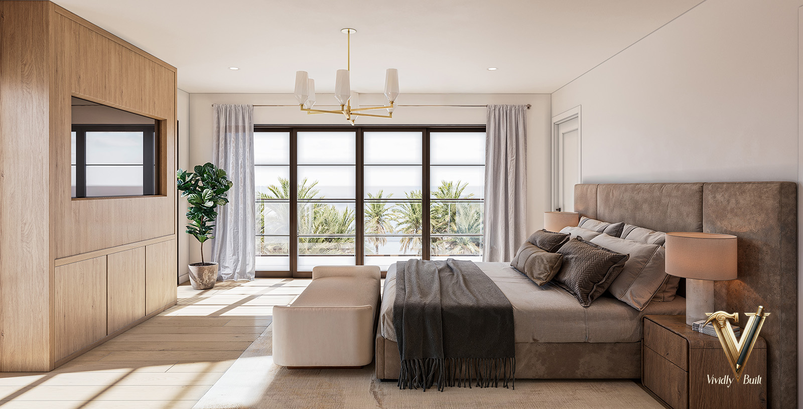 Primary bedroom with an upholstered headboard, oak media wall and floor-to-ceiling glass framing palms and ocean light — Pacific Palisades fire rebuild