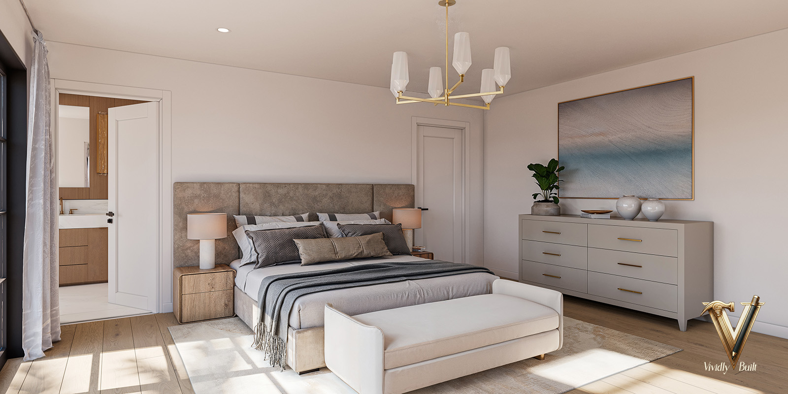Primary bedroom with a linear brass chandelier, upholstered bed and ensuite beyond — Pacific Palisades fire rebuild