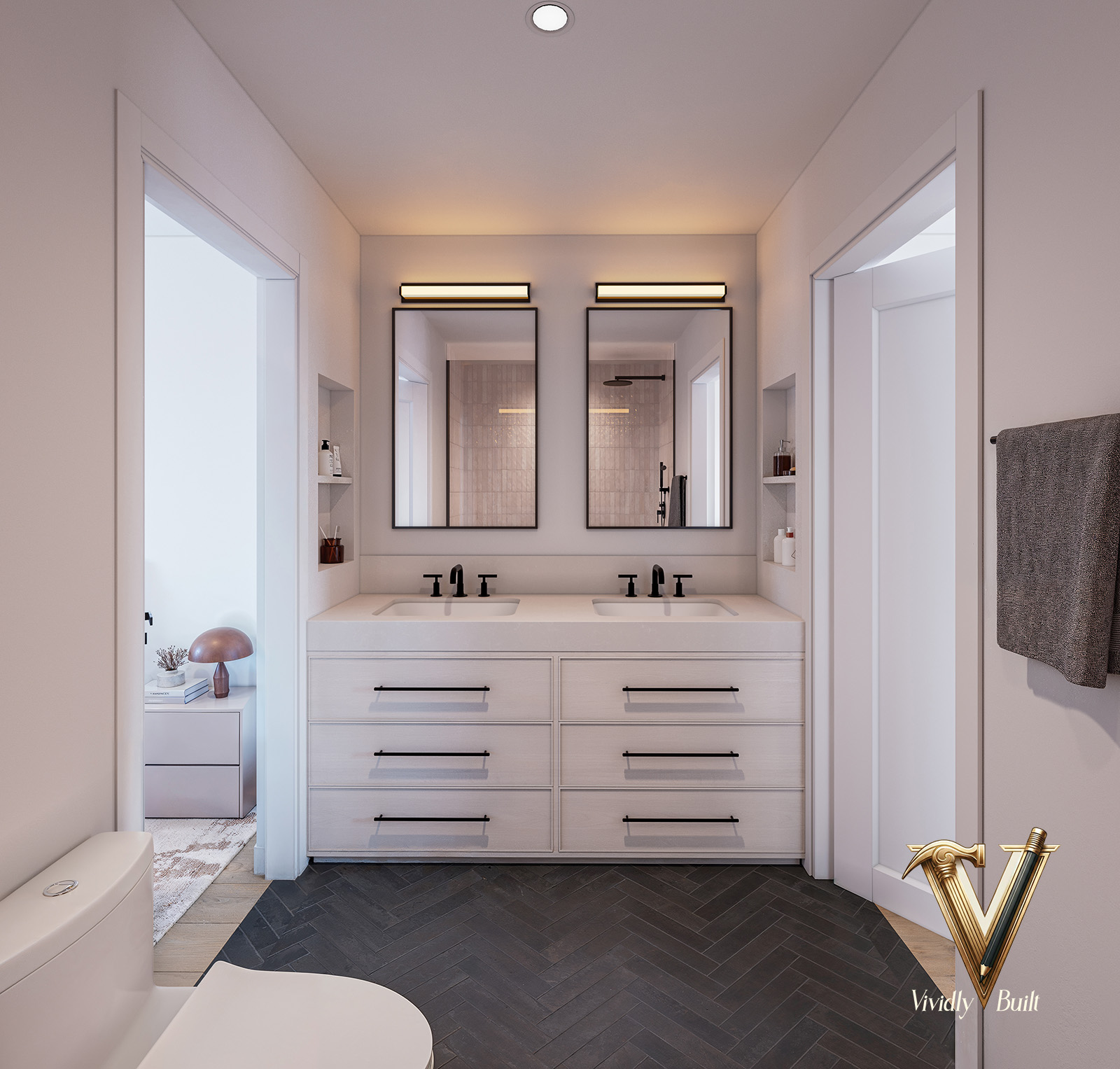 Secondary bath with a double vanity, framed mirrors, walk-in shower and herringbone tile floor — Pacific Palisades fire rebuild