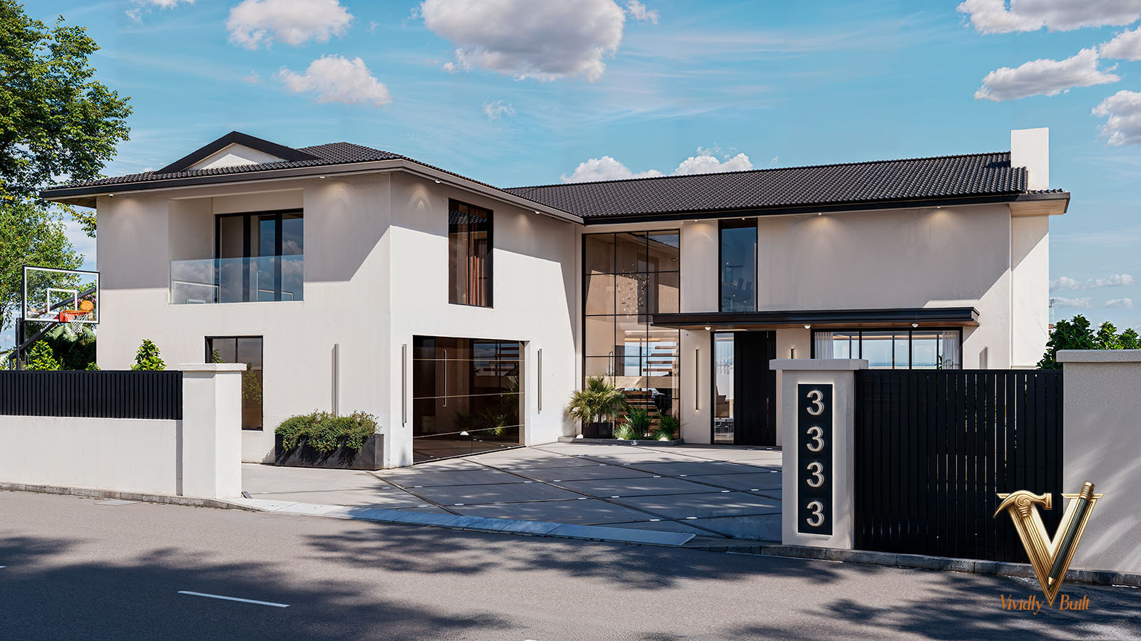 Contemporary coastal front elevation with board-formed massing and a floating entry canopy - Palos Verdes estate by Vividly Built