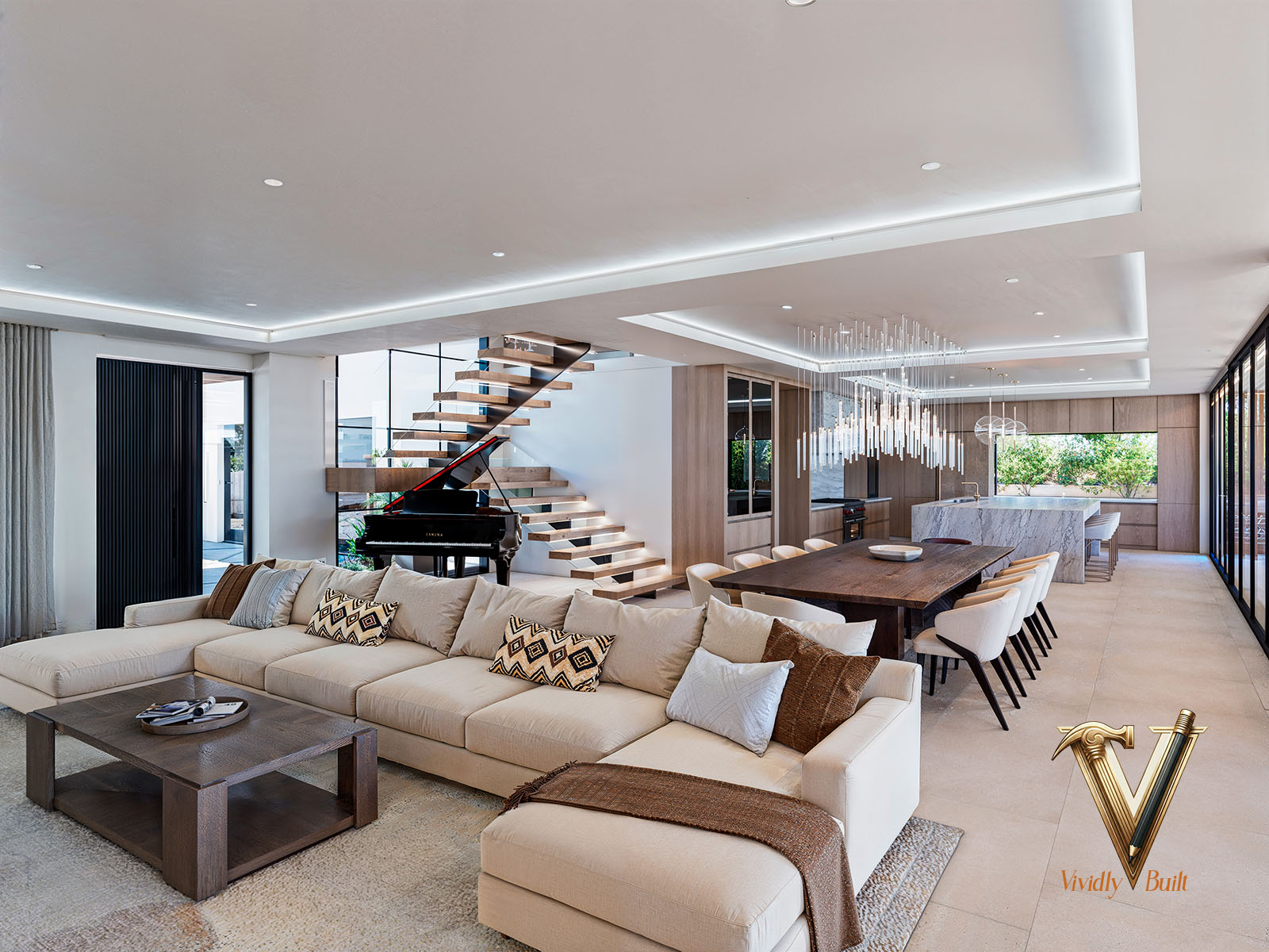 Living room detail - textured plaster, sculptural lighting and layered neutral furnishings - Palos Verdes estate by Vividly Built