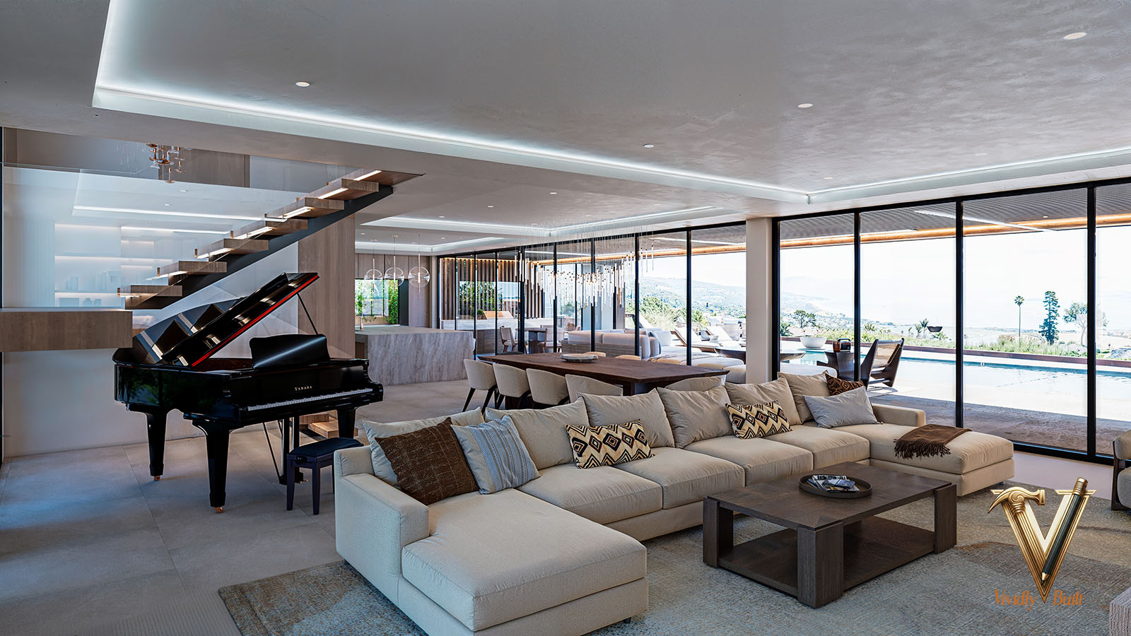 Sitting room with a sculptural stair beyond and clerestory daylight - Palos Verdes estate by Vividly Built