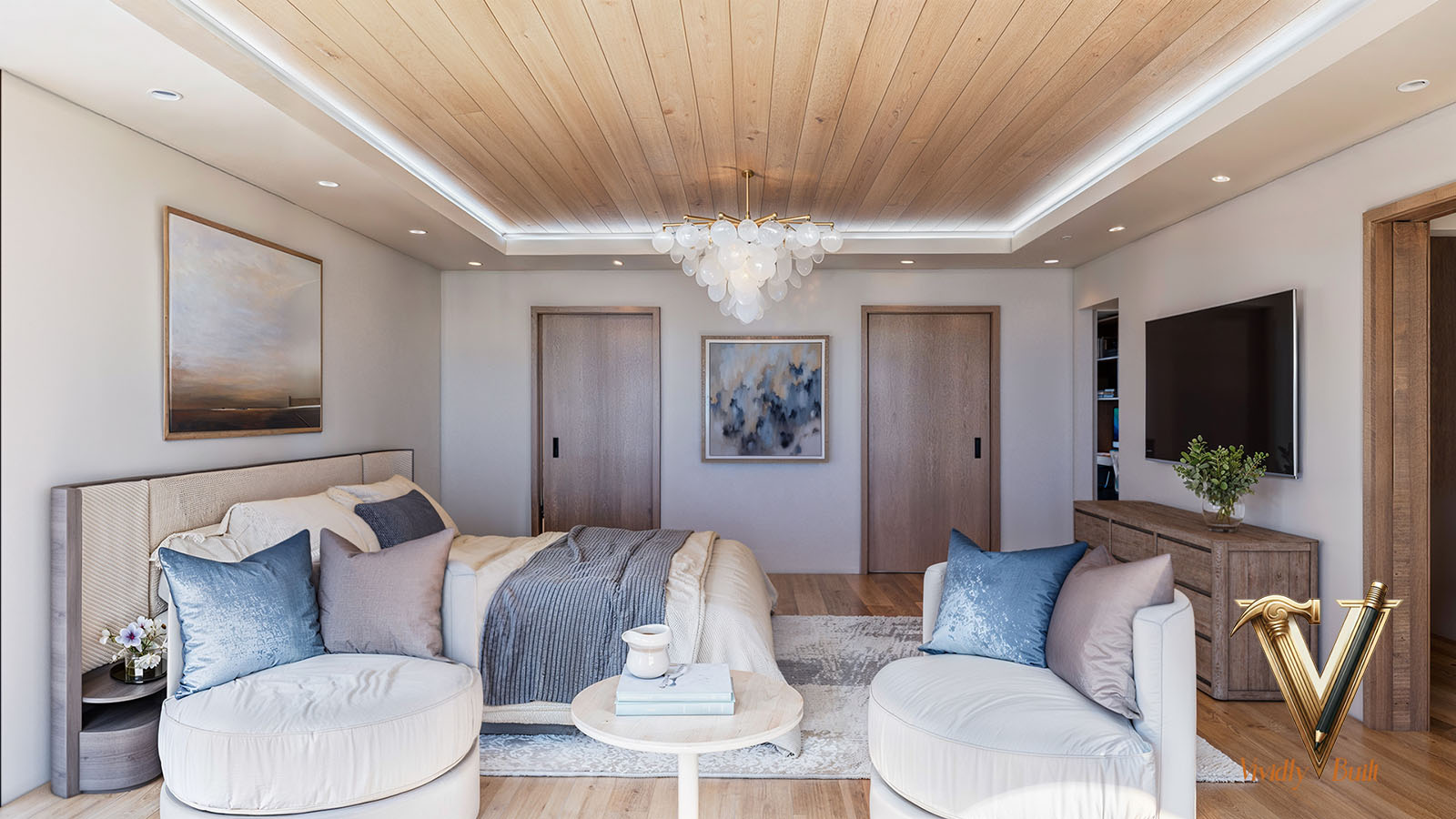 Ocean-facing primary suite with a full-height glass wall and a private terrace - Palos Verdes estate by Vividly Built
