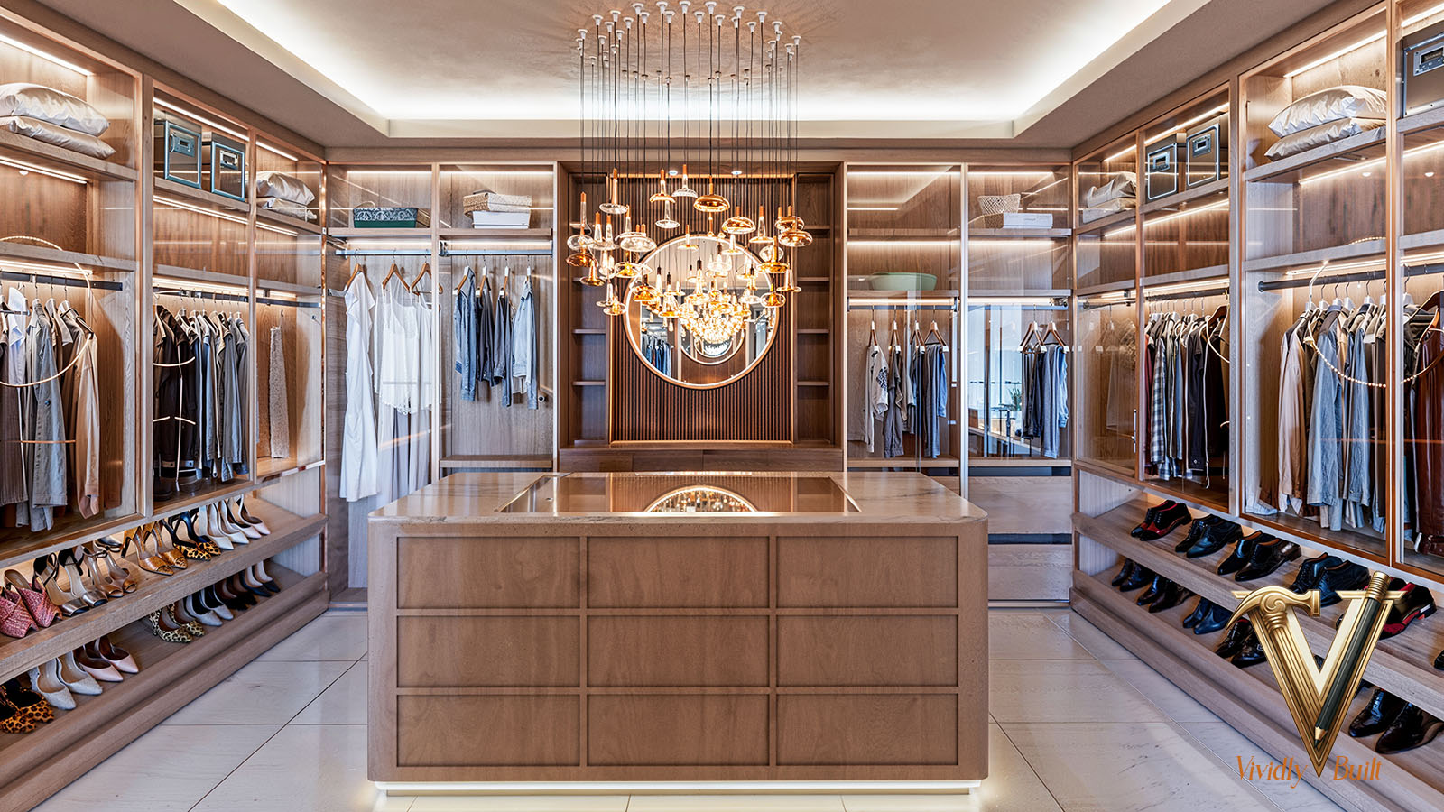 Walk-in primary closet with backlit glass cabinetry and an island of drawers - Palos Verdes estate by Vividly Built