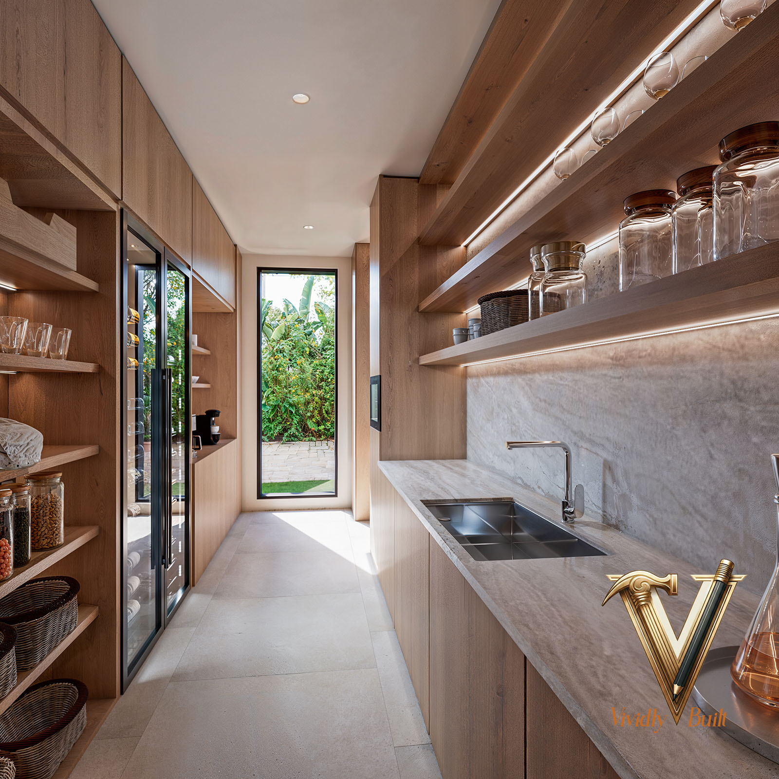 Walk-in pantry with fluted oak cabinetry and stone counters - Palos Verdes estate by Vividly Built