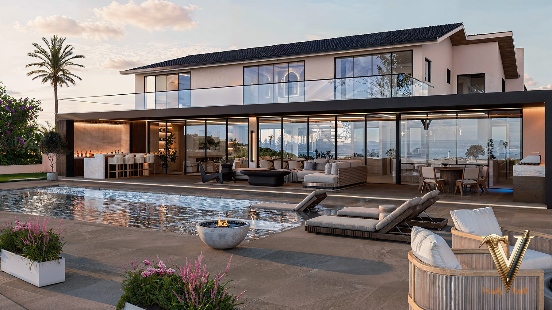 The finished Palos Verdes estate at dusk — vanishing-edge pool, glass-walled great room, outdoor bar and ocean view, rendered from the photoreal digital twin by Vividly Built