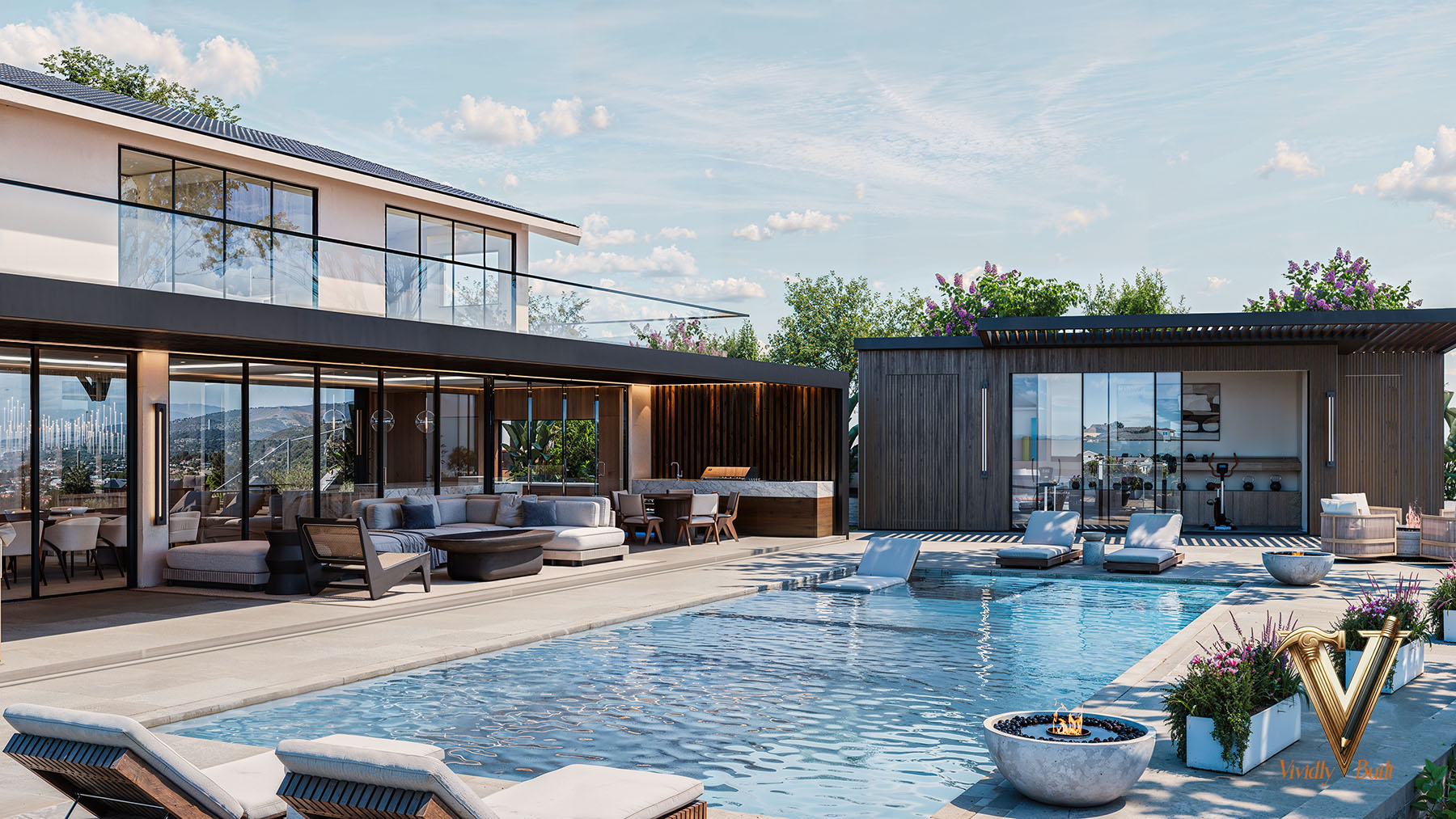 Vanishing-edge pool, sunken fire lounge and a slatted-timber cabana with gym - Palos Verdes estate by Vividly Built