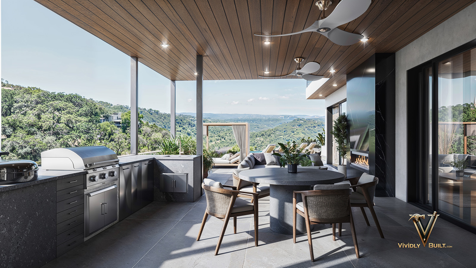 Detail of a luxury balcony for a Los Angeles new construction residence with bespoke outdoor seating, layered planting and architectural lighting by Vividly Built