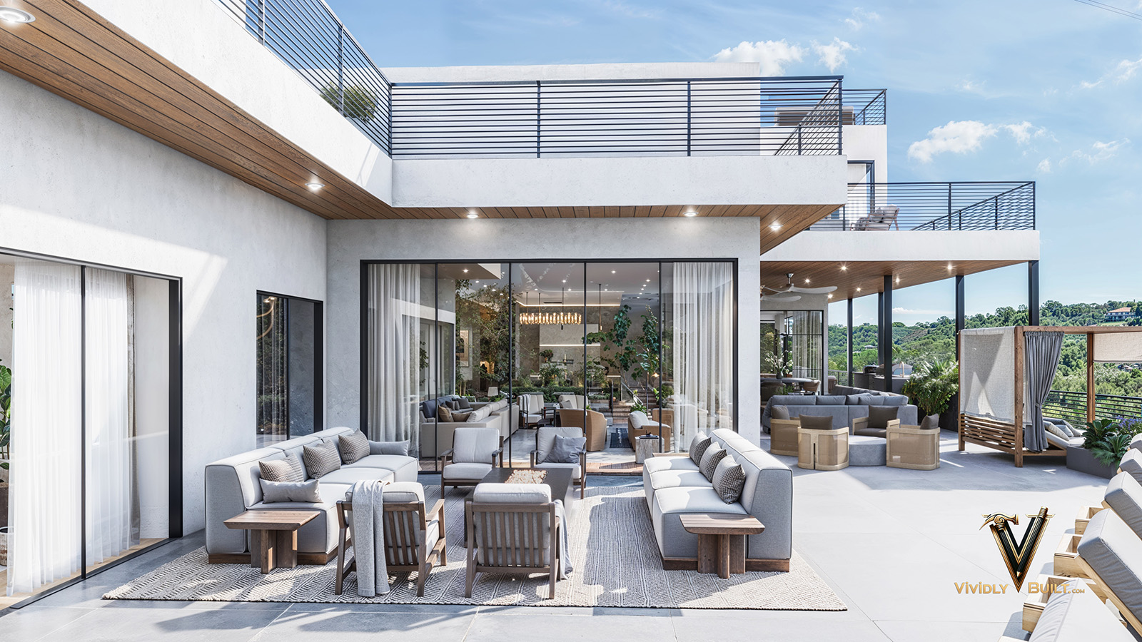 Outdoor balcony with integrated kitchen, dining and lounge for a luxury new construction Los Angeles home with hillside views by Vividly Built