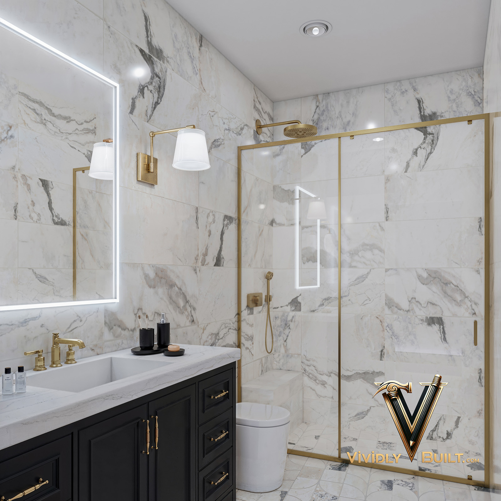 Basement bathroom interior design rendering for a Pacific Palisades new construction residence by Vividly Built