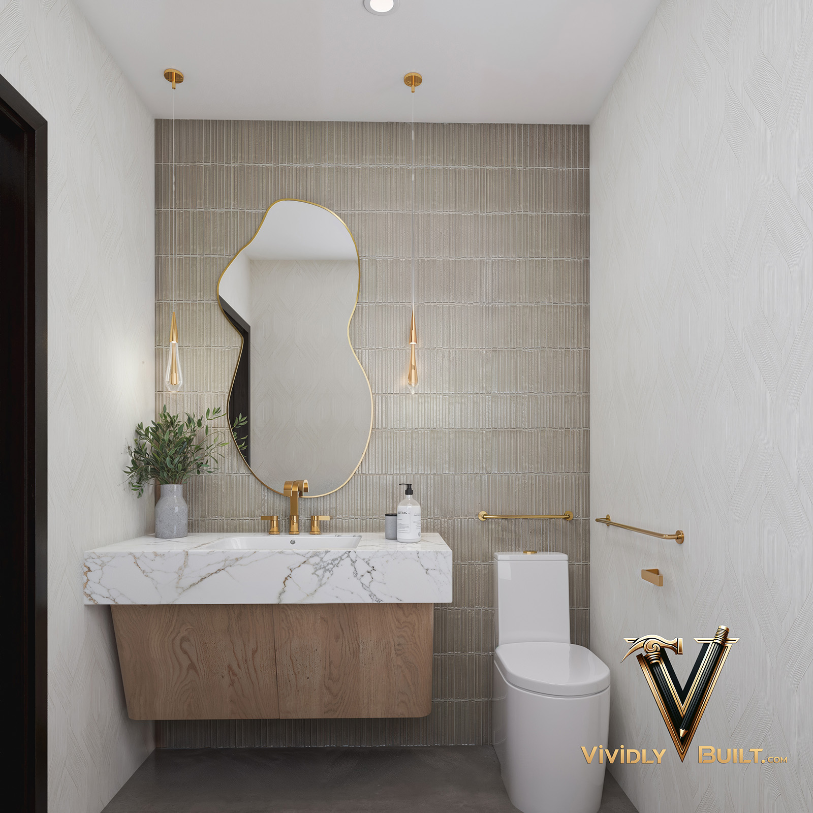 Office bathroom interior design rendering for a luxury real estate office in Los Angeles by Vividly Built