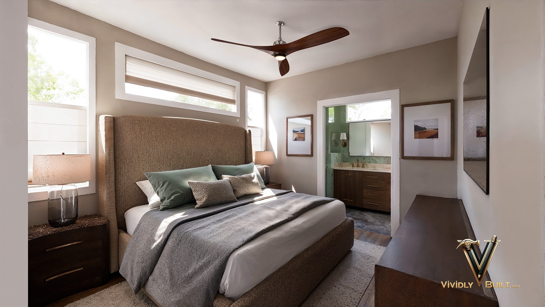 Bedroom interior design rendering for a San Diego single family residence with custom headboard and layered lighting