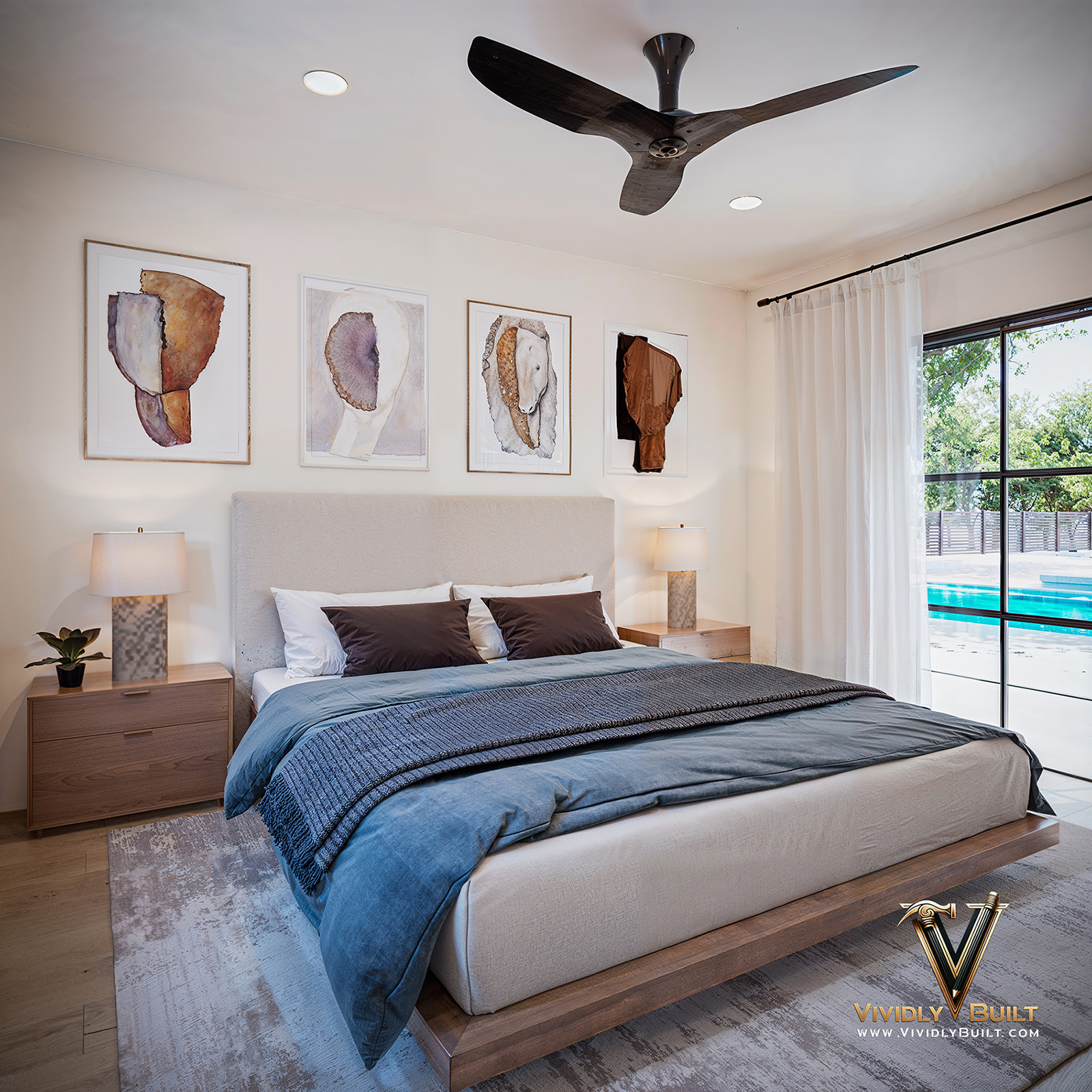 Guest bedroom interior design rendering for a Westlake Village hillside estate remodel by Vividly Built