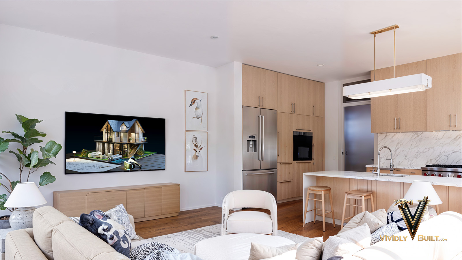 Open kitchen and living room interior design rendering for a Brentwood, California full home remodel by Vividly Built