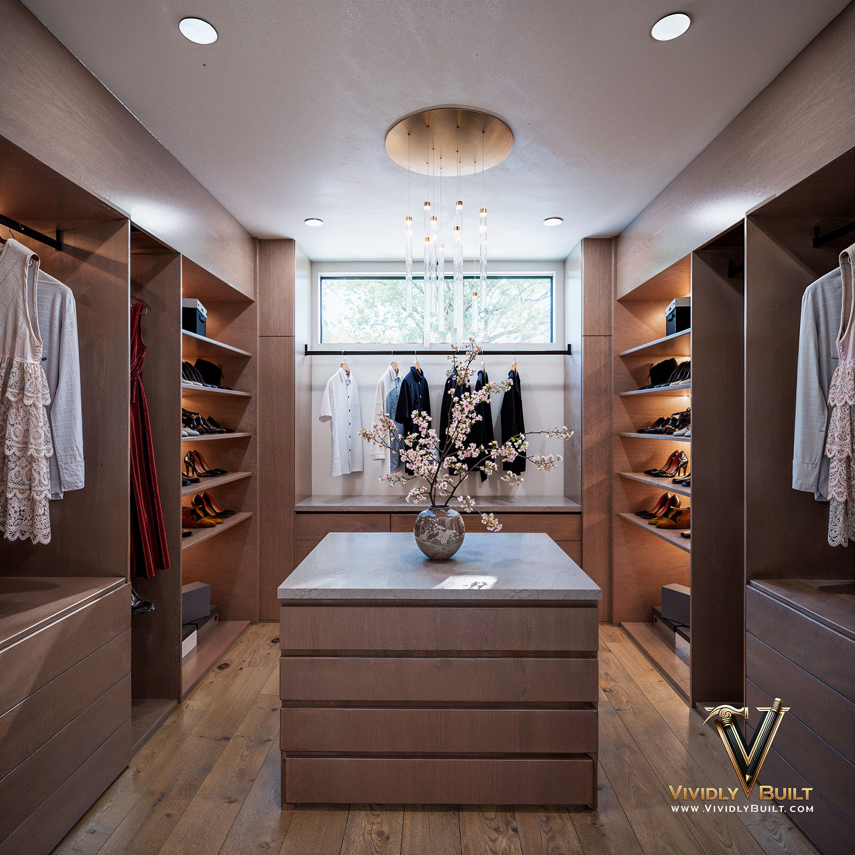 Walk-in closet interior design rendering with custom millwork for a Westlake Village residence remodel by Vividly Built