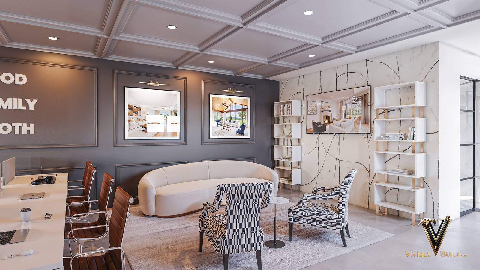 Alternate coworking floor view for a luxury real estate office in Los Angeles by Vividly Built