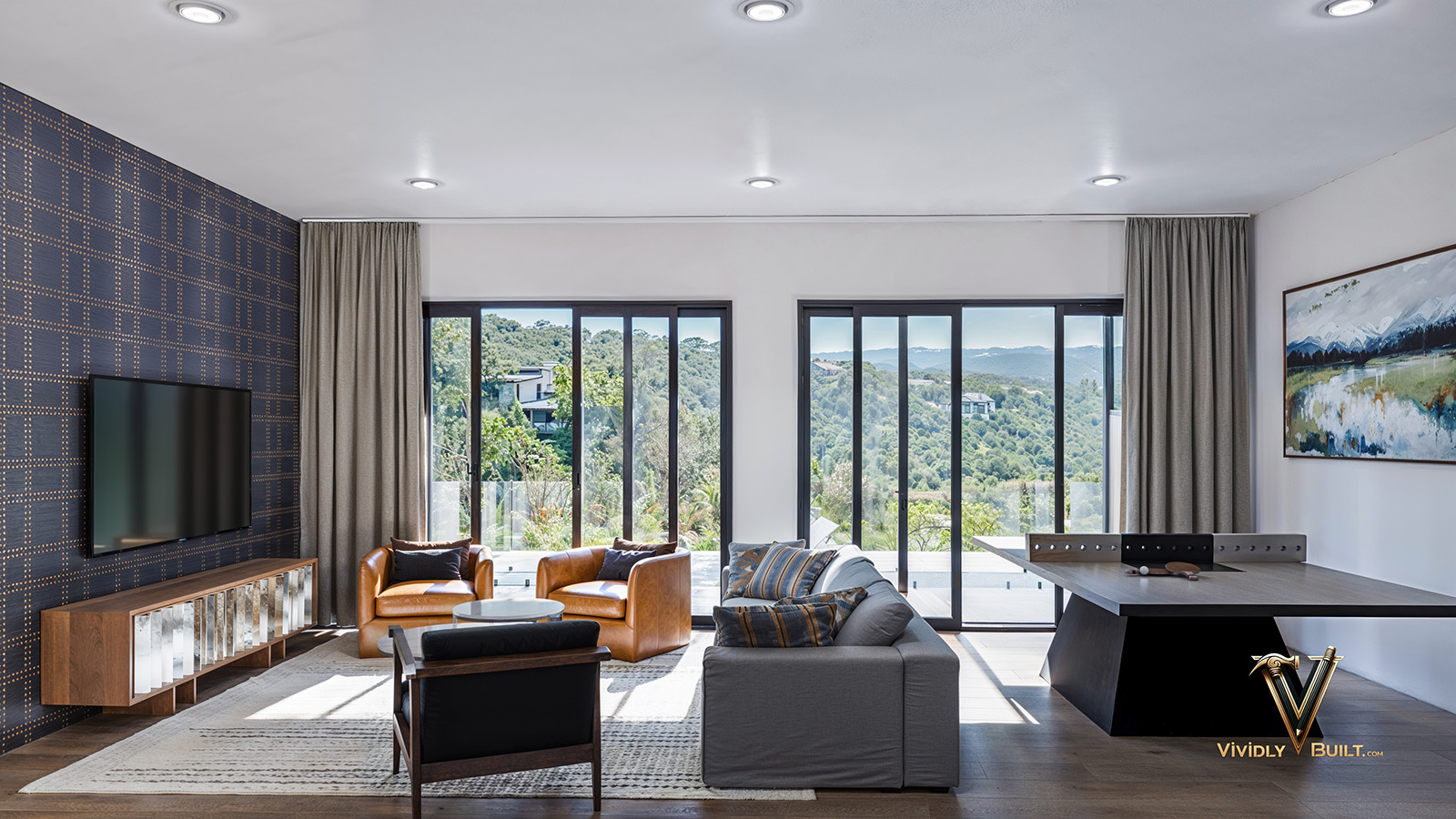 Lower-level game room interior design rendering for an Austin, Texas new construction single family residence by Vividly Built