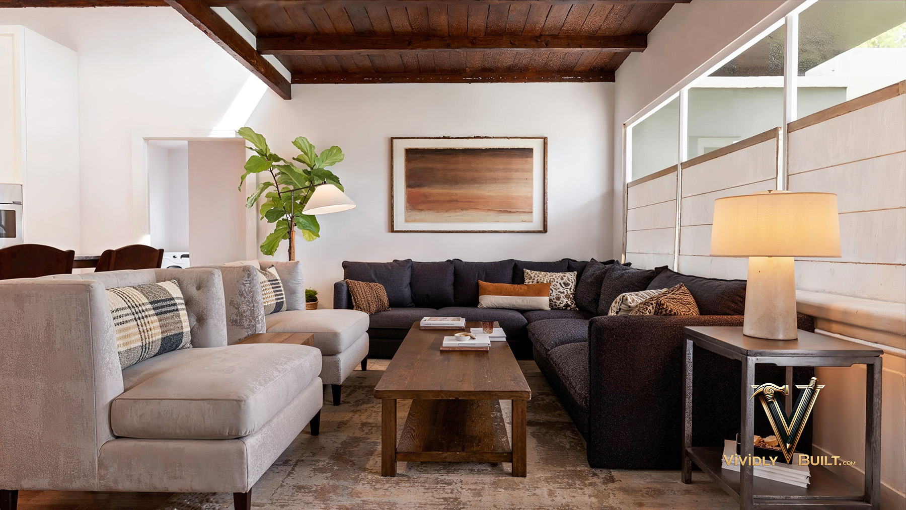 Living room volume interior design rendering with layered lighting for a San Diego residence remodel