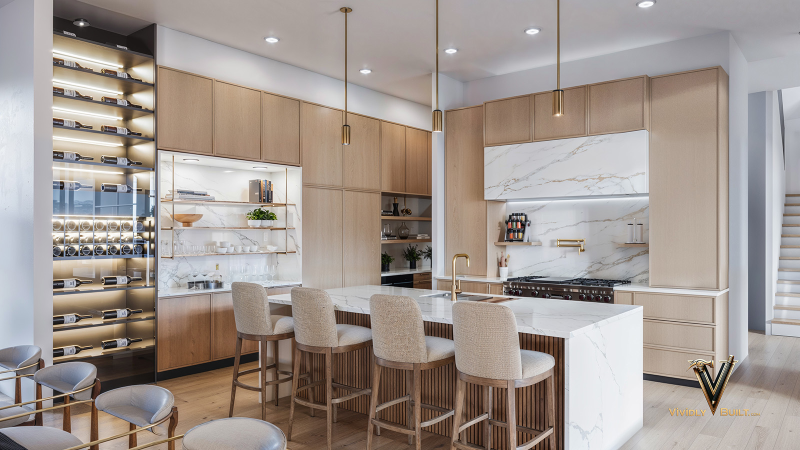 Photorealistic interior design rendering of a luxury new construction Los Angeles living room with floor-to-ceiling glazing and curated furnishings by Vividly Built