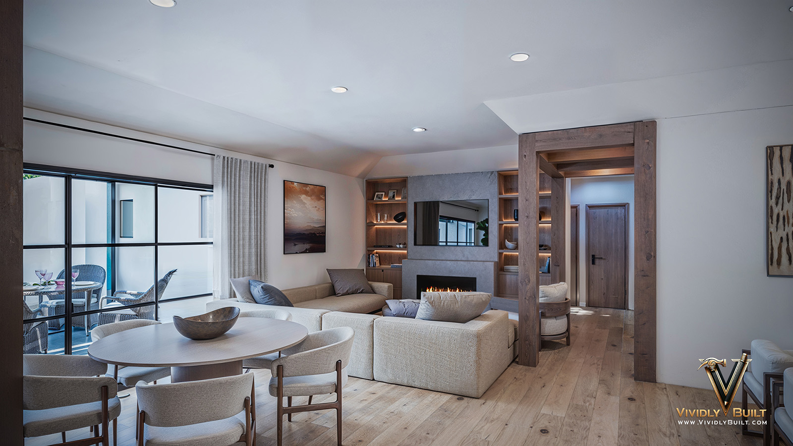 Main living space lounge interior design rendering with bespoke seating for a Westlake Village remodel by Vividly Built