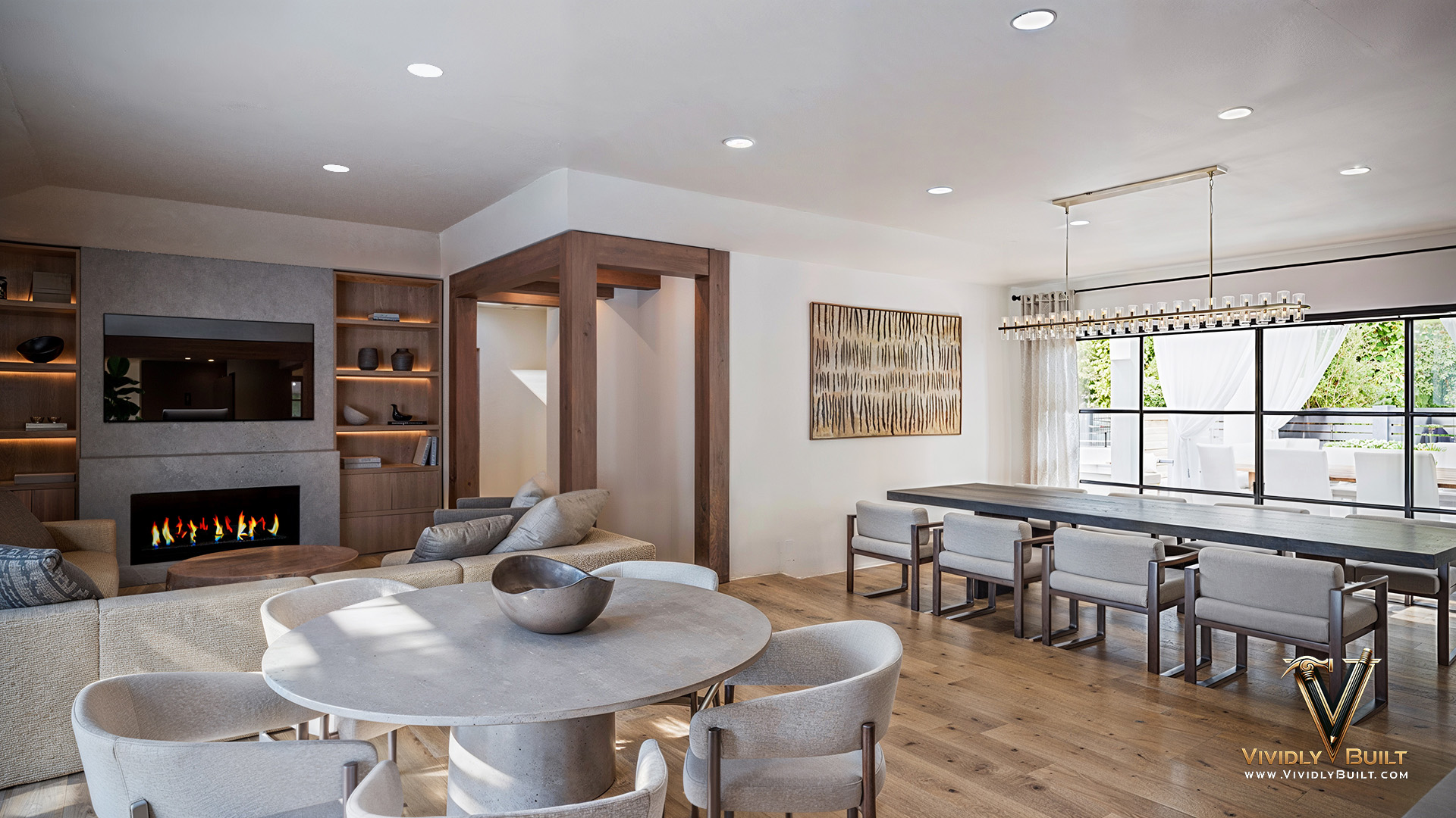 Main living space volume interior design rendering with layered lighting for a Westlake Village remodel by Vividly Built