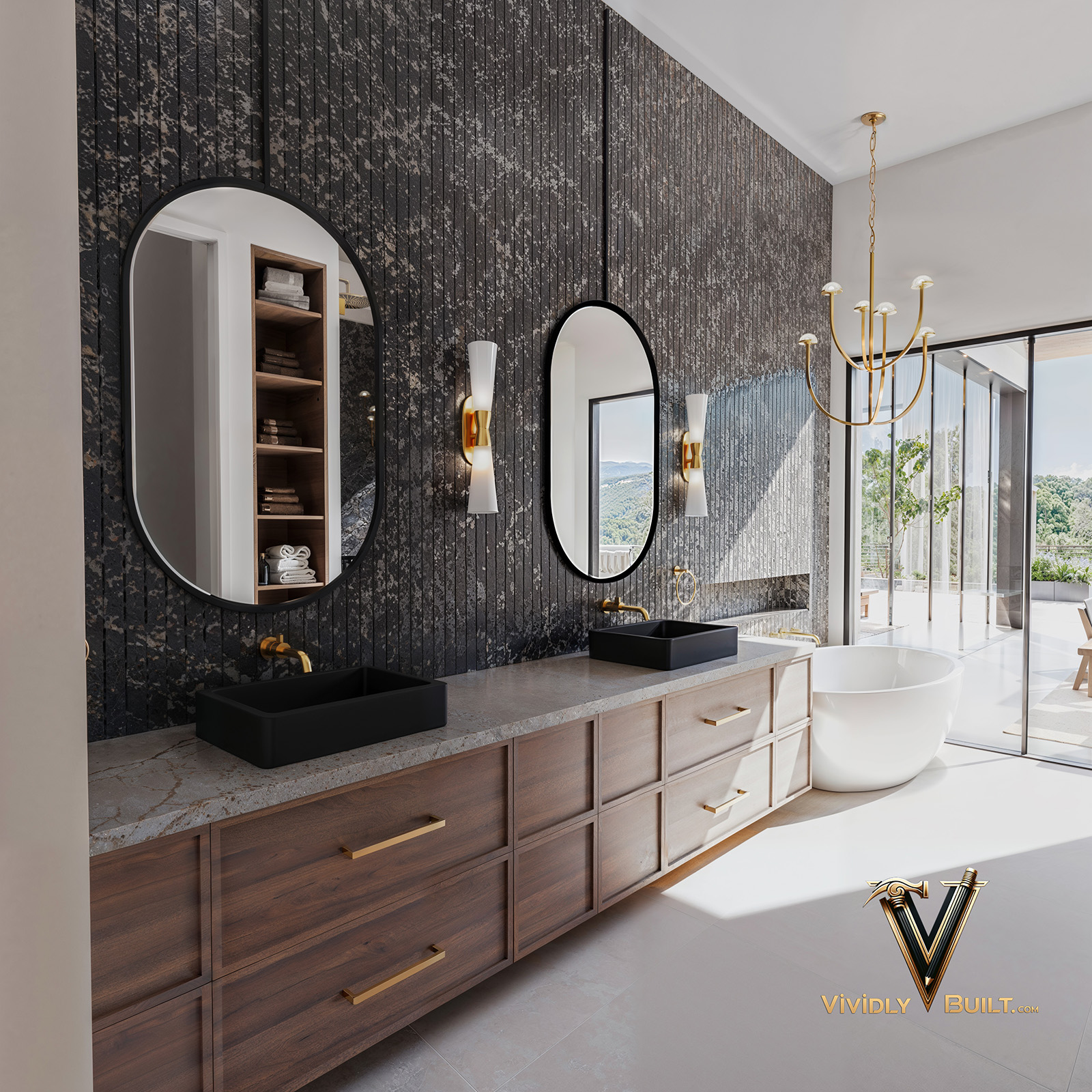 Luxury master bathroom interior design for a Los Angeles new construction home with book-matched stone, integrated lighting and freestanding tub by Vividly Built