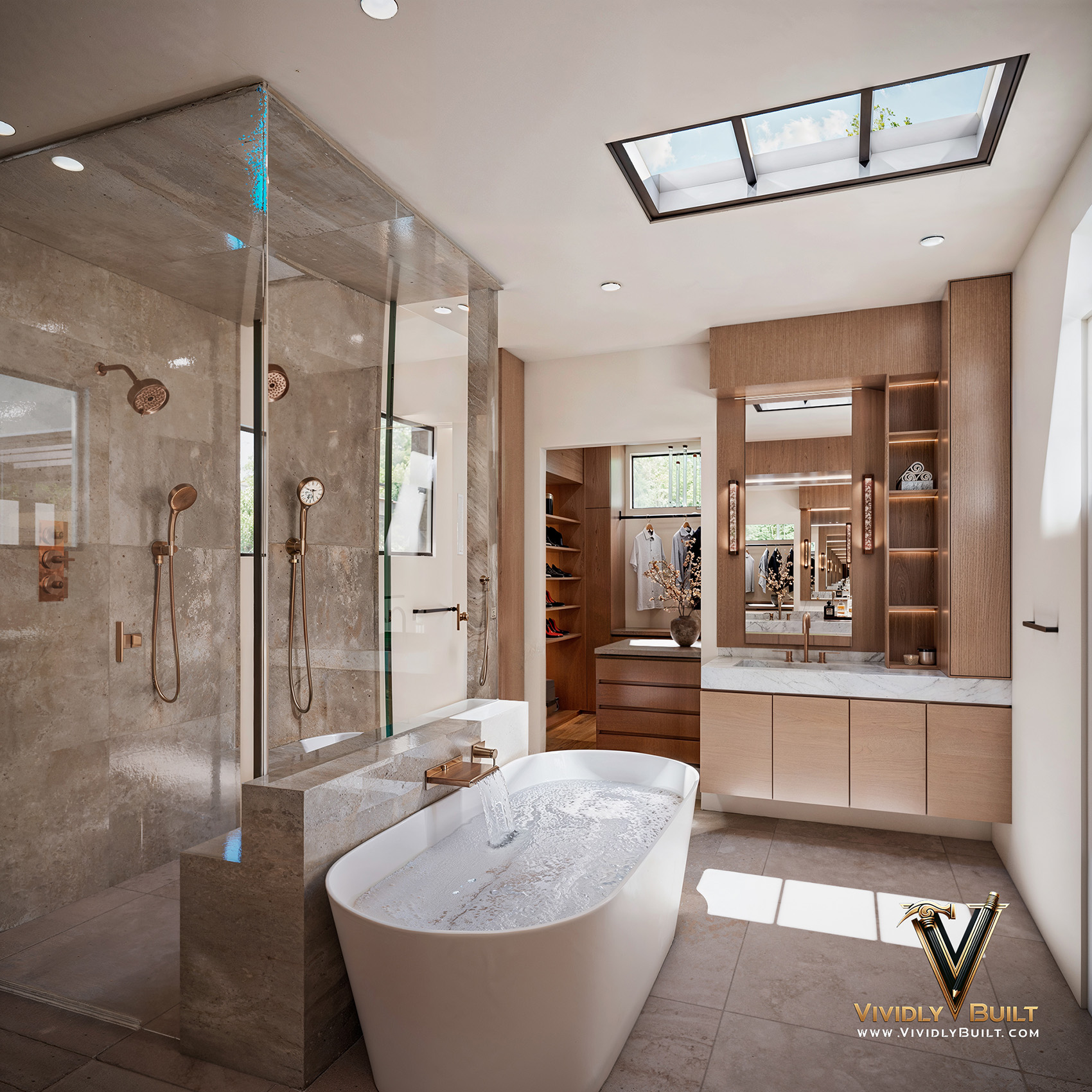Master bathroom interior design rendering with stone and custom vanity for a Westlake Village remodel by Vividly Built