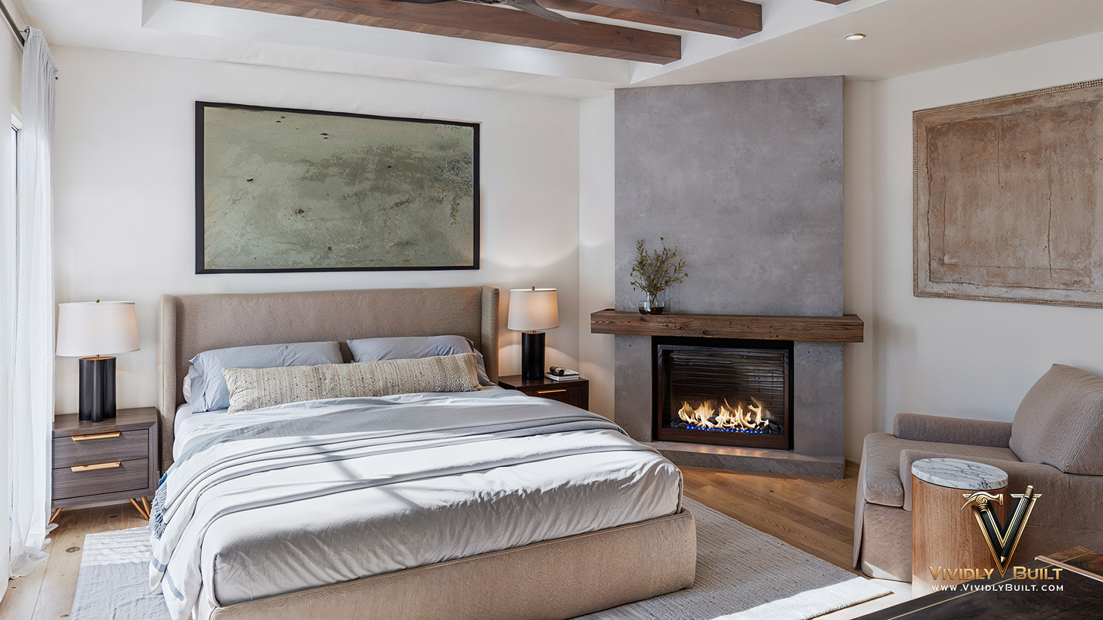 Master bedroom detail interior design rendering with custom headboard for a Westlake Village remodel by Vividly Built