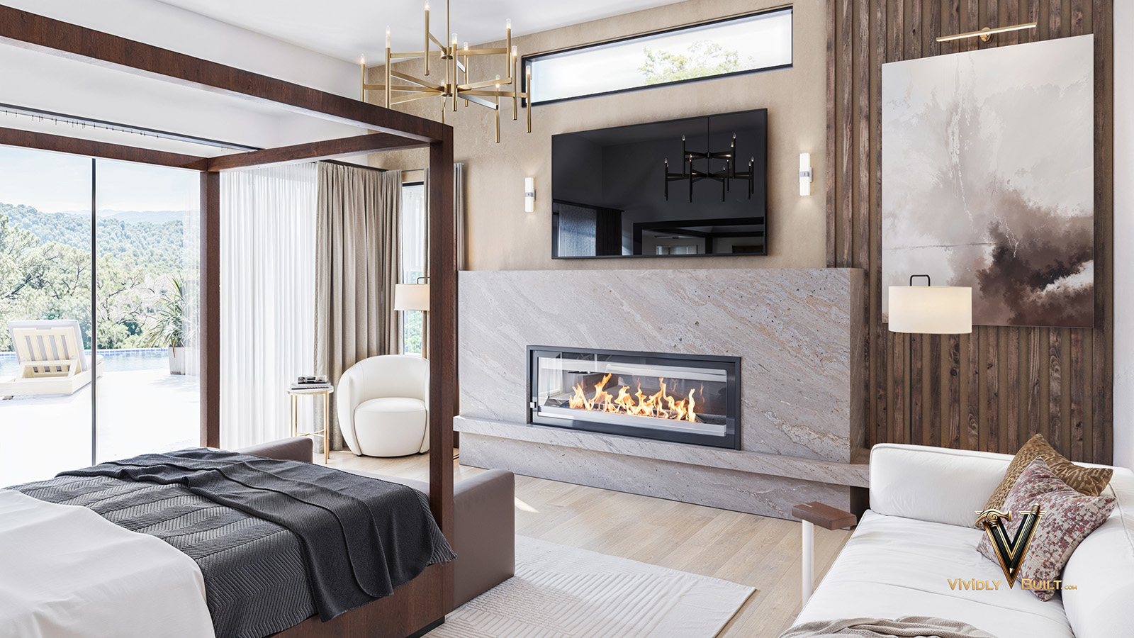 New construction luxury master bedroom interior design in Los Angeles with custom headboard, layered textiles and sculptural lighting by Vividly Built