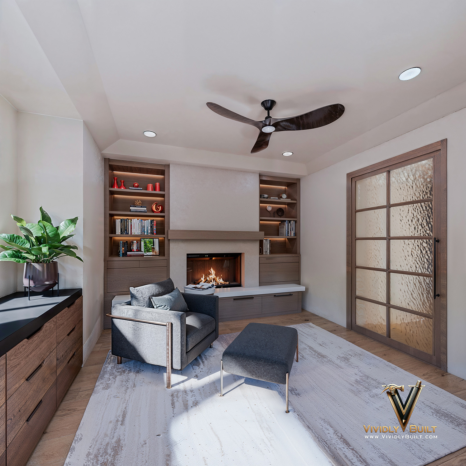 Home office interior design rendering for a Westlake Village hillside estate remodel by Vividly Built
