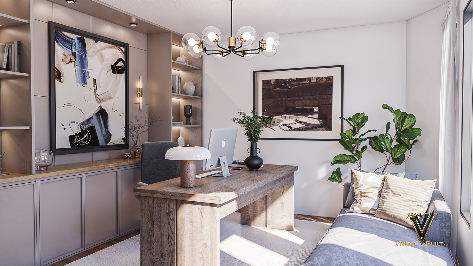 Custom office interior design rendering for a Beverly Hills luxury home remodel by Vividly Built