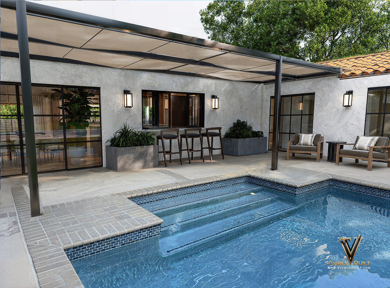 Pool side and landscape design rendering for a Westlake Village luxury hillside estate by Vividly Built