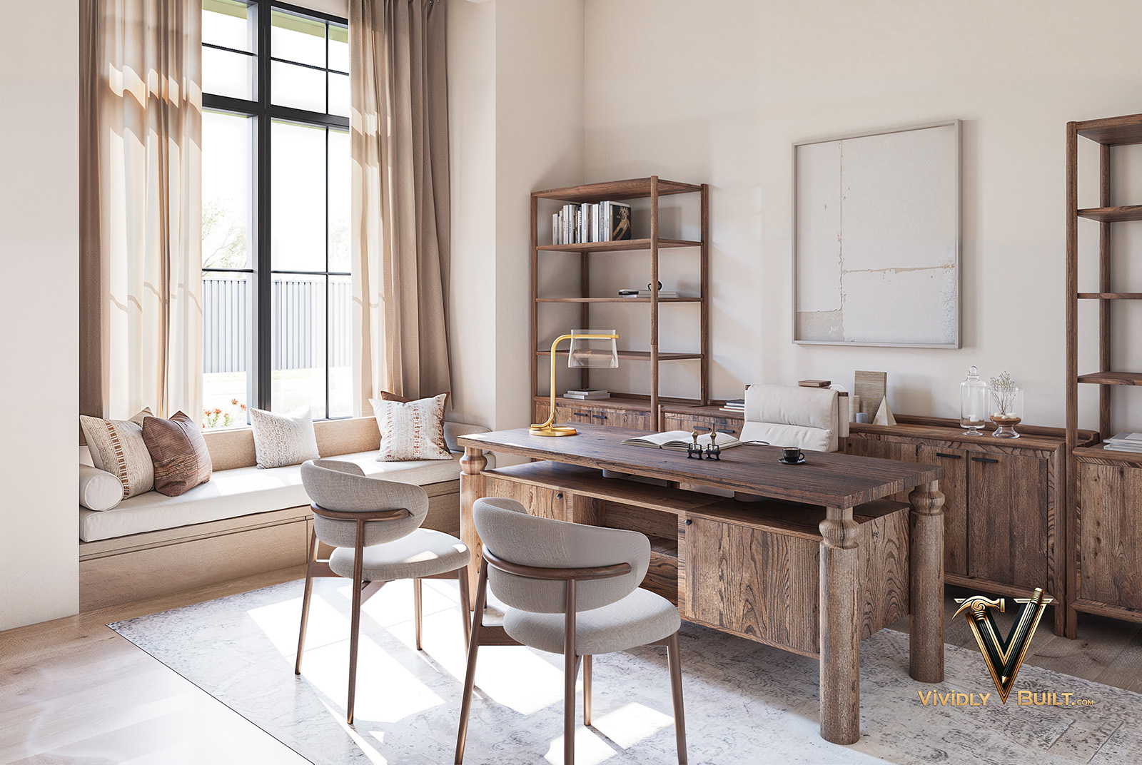 Custom study interior design rendering for a Los Angeles single family residence by Vividly Built