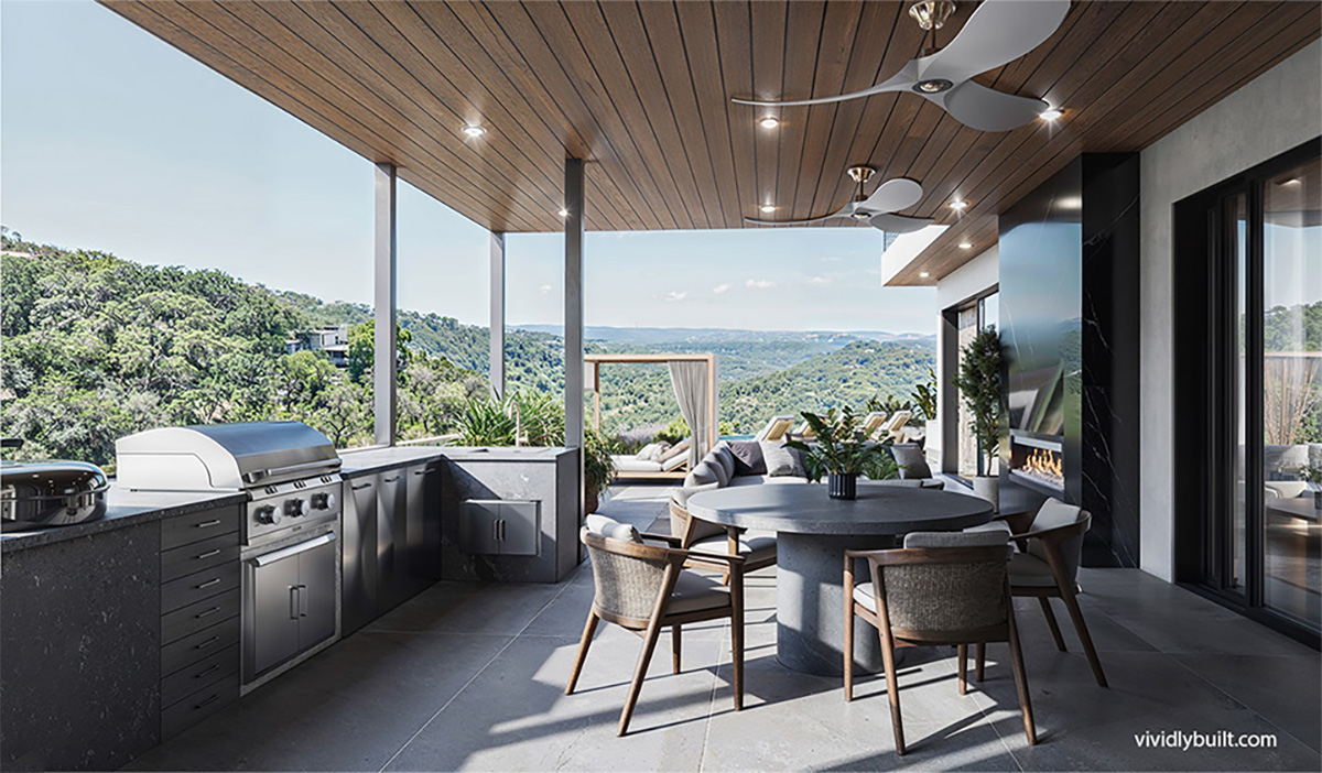 Finished covered balcony with outdoor kitchen, dining, linear fireplace and lounge under a wood-slat ceiling, canyon view beyond — Hollywood Hills Residence, Los Angeles, by Vividly Built