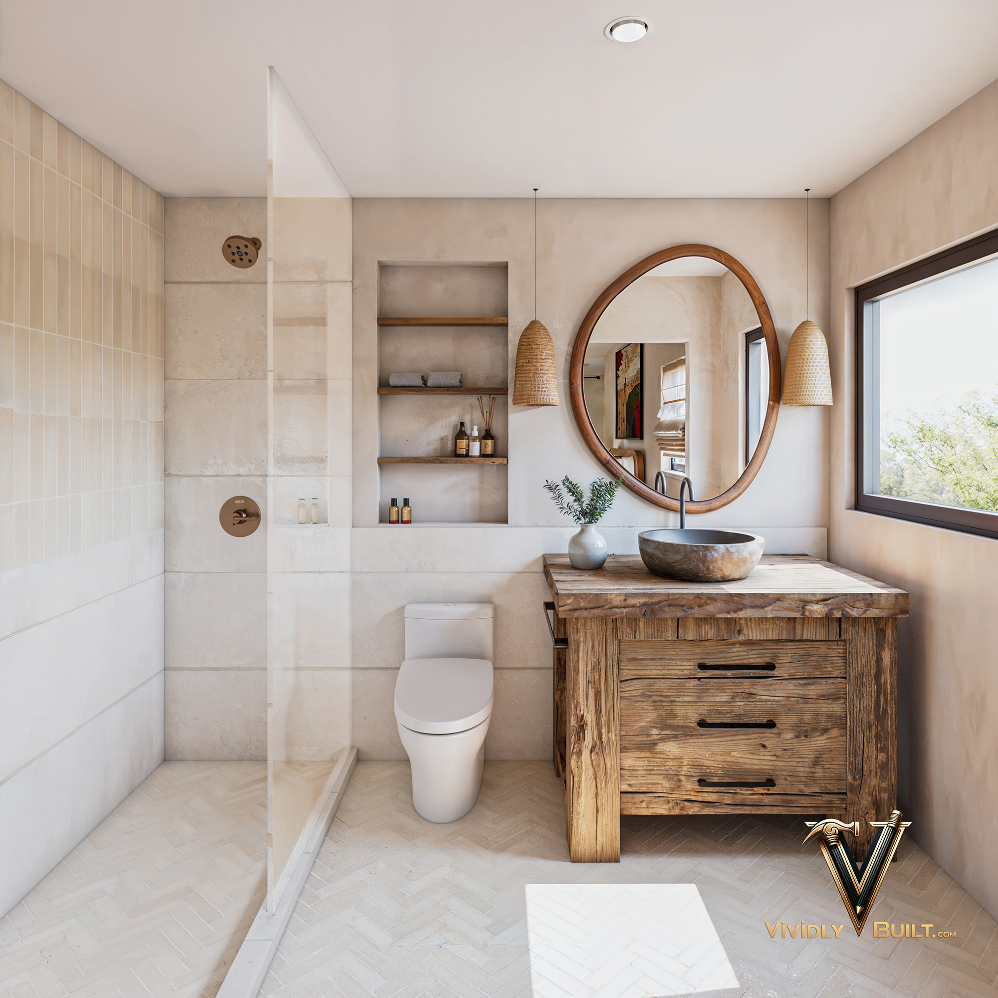 Junior suite bathroom interior design rendering for a Los Angeles home transformation by Vividly Built