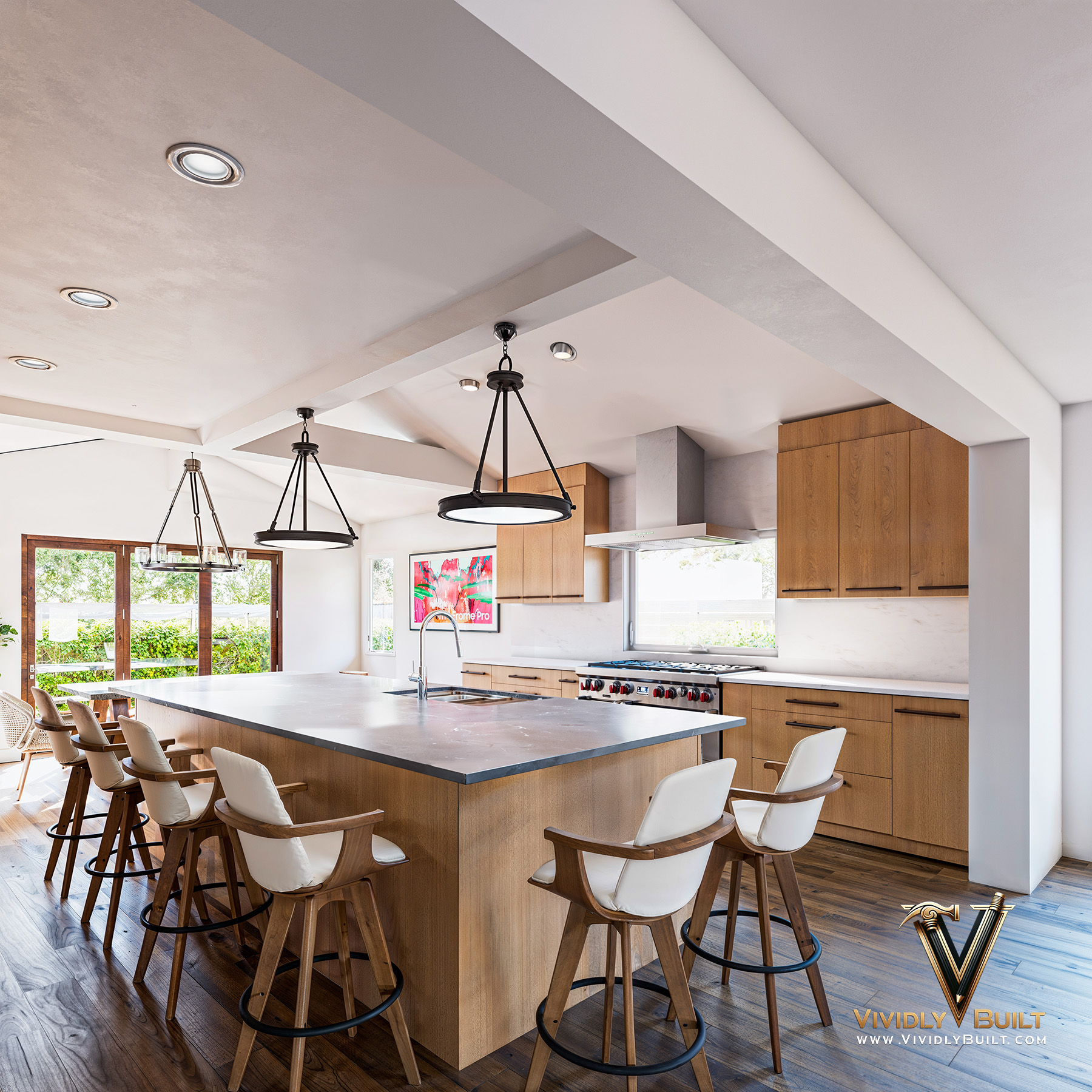 Daylight study rendering for a luxury Newport Beach kitchen interior design by Vividly Built