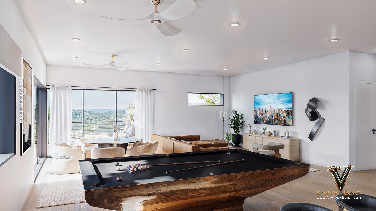 Upper floor game room interior design rendering for a Los Angeles new construction residence by Vividly Built