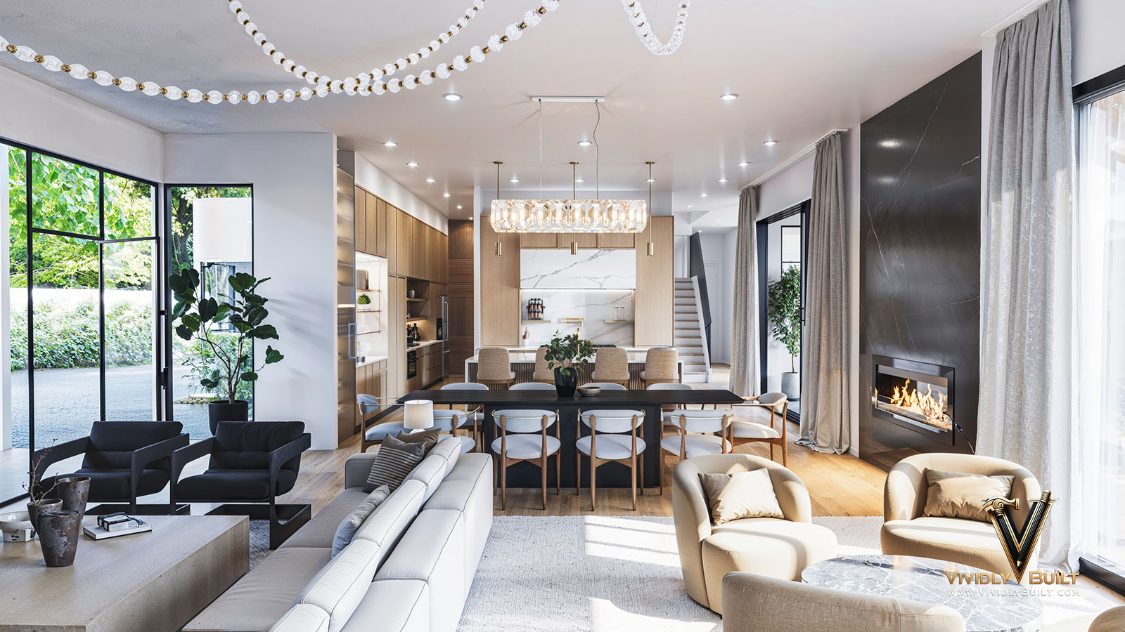 Luxury living room interior design rendering for a Los Angeles new construction residence by Vividly Built